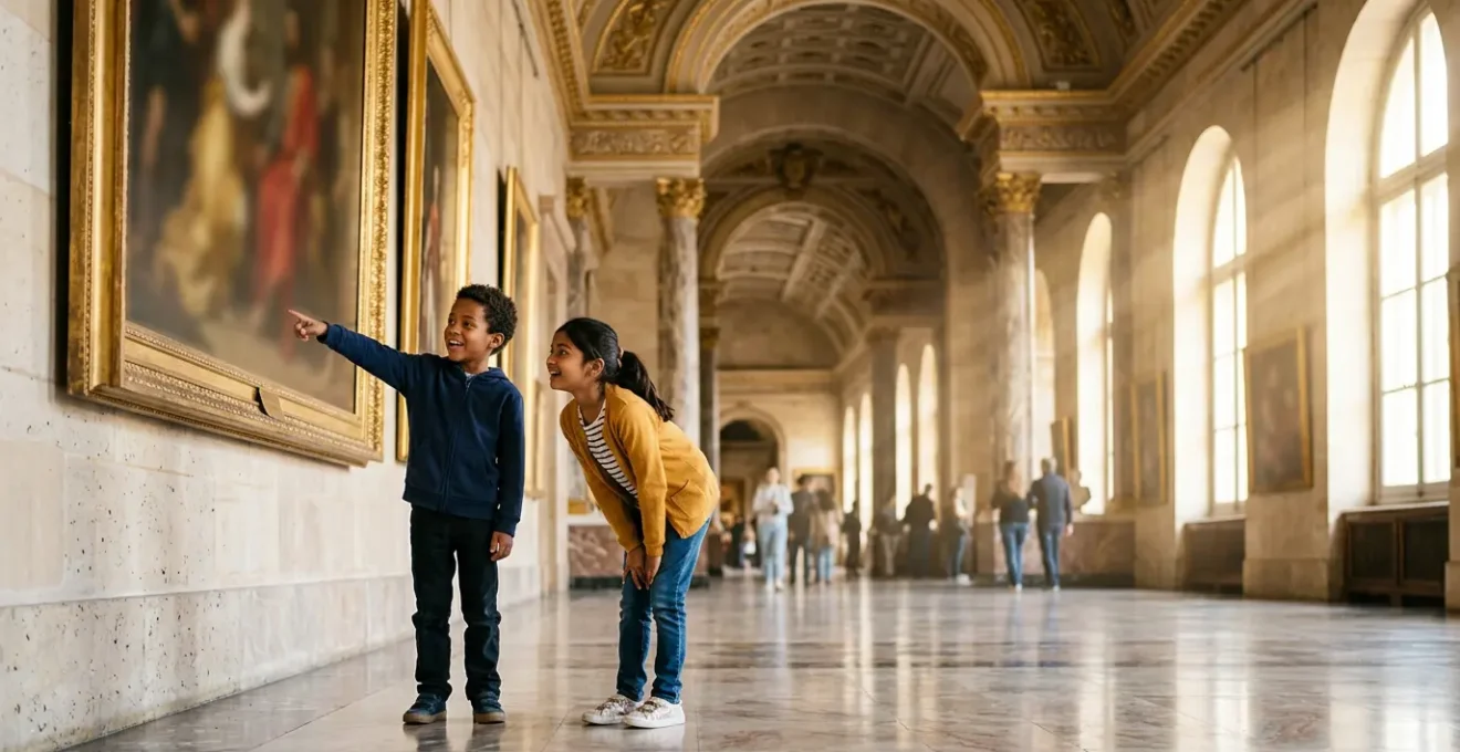 Enfants émerveillés découvrant une œuvre d'art au Louvre dans une ambiance lumineuse et accueillante