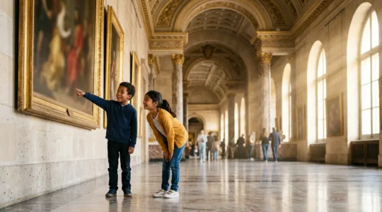 Enfants émerveillés découvrant une œuvre d'art au Louvre dans une ambiance lumineuse et accueillante