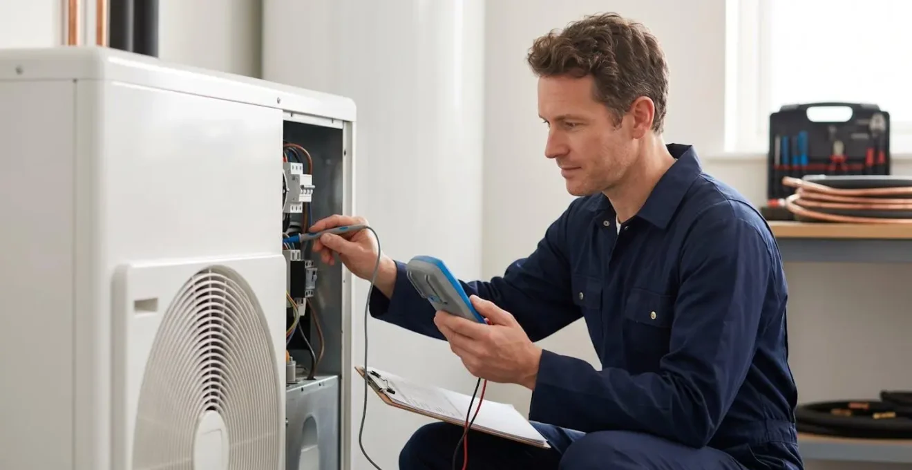Technicien effectuant la maintenance d'une pompe à chaleur dans un environnement résidentiel