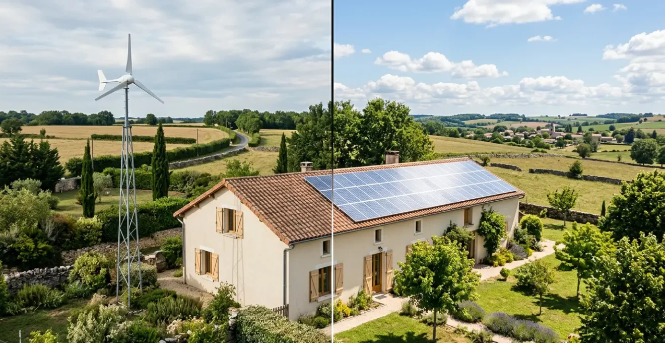 Vue comparative d'une maison avec éolienne domestique et panneaux solaires dans un environnement résidentiel