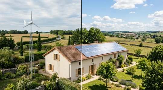 Vue comparative d'une maison avec éolienne domestique et panneaux solaires dans un environnement résidentiel