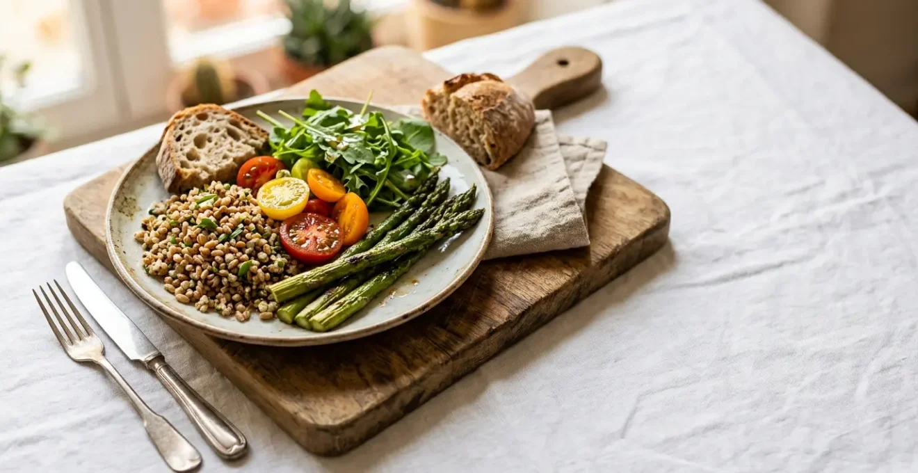 Composition culinaire française élégante illustrant l'équilibre entre plaisir gastronomique et contrôle de la glycémie