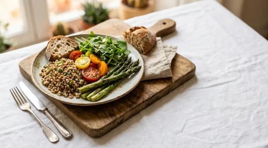 Composition culinaire française élégante illustrant l'équilibre entre plaisir gastronomique et contrôle de la glycémie