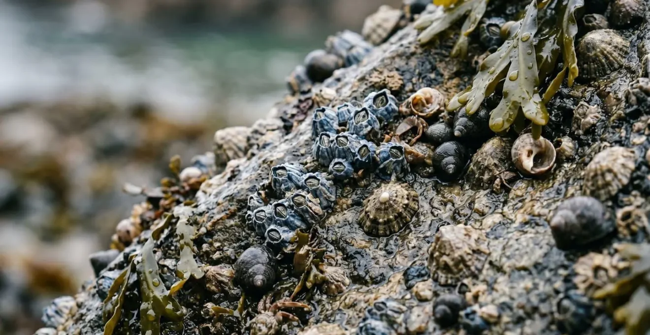 Gros plan sur l'estran à marée basse révélant la biodiversité des rochers et coquillages