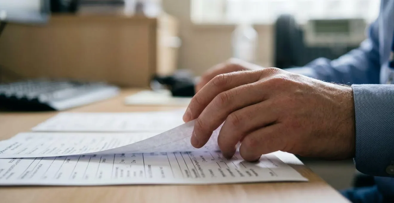 Mains d'expert médical examinant attentivement un dossier de santé sous éclairage professionnel
