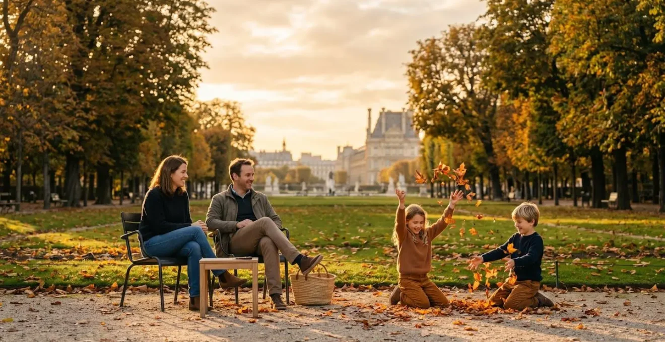 Famille se reposant joyeusement dans le jardin des Tuileries après la visite du musée