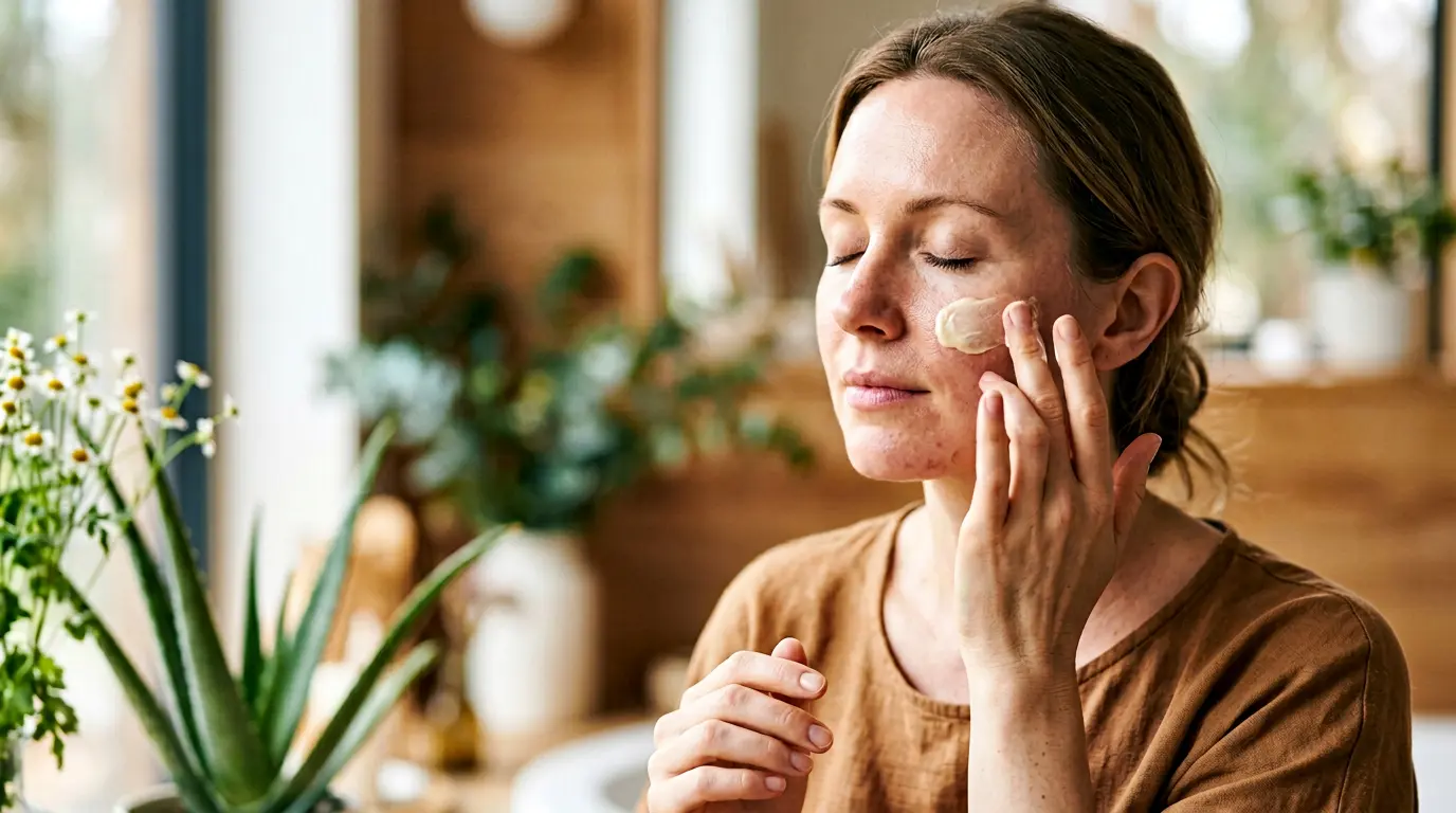 Femme à la peau claire testant délicatement des cosmétiques bio naturels dans un environnement spa apaisant