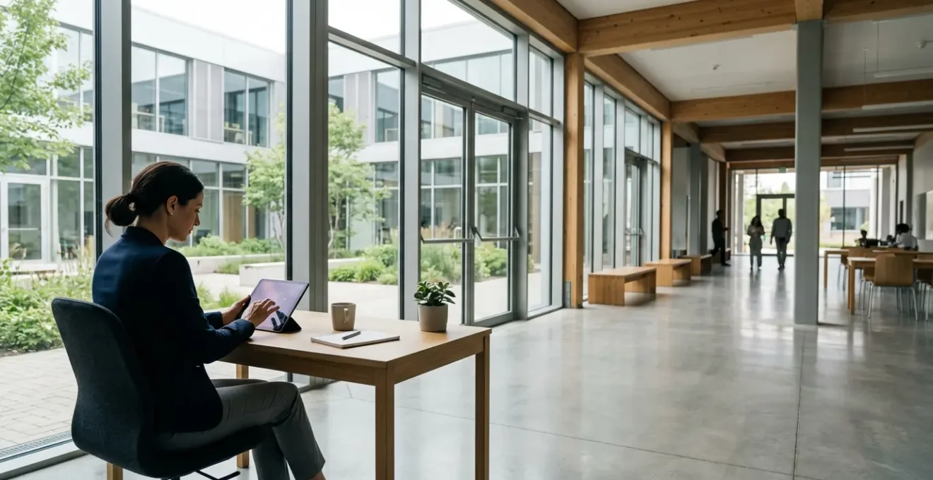 Professionnel consultant des informations sur tablette dans un environnement de formation moderne et lumineux