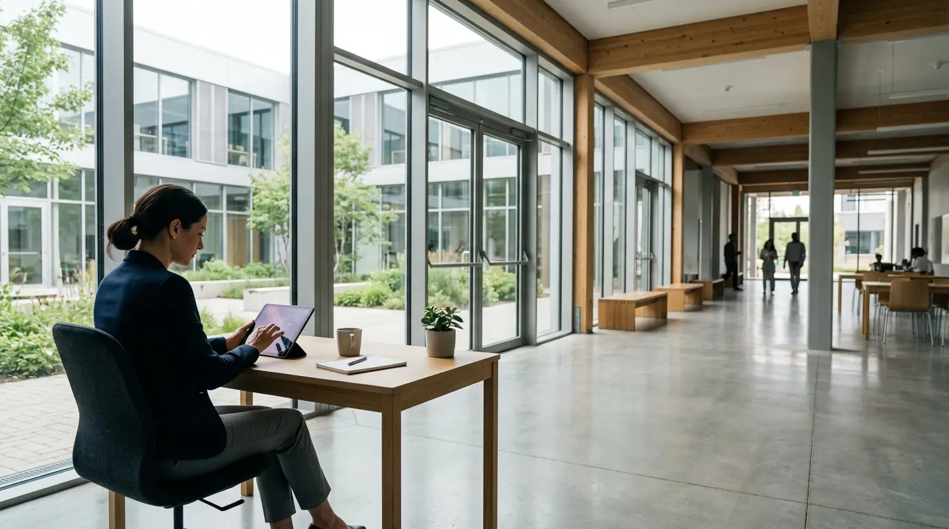 Professionnel consultant des informations sur tablette dans un environnement de formation moderne et lumineux