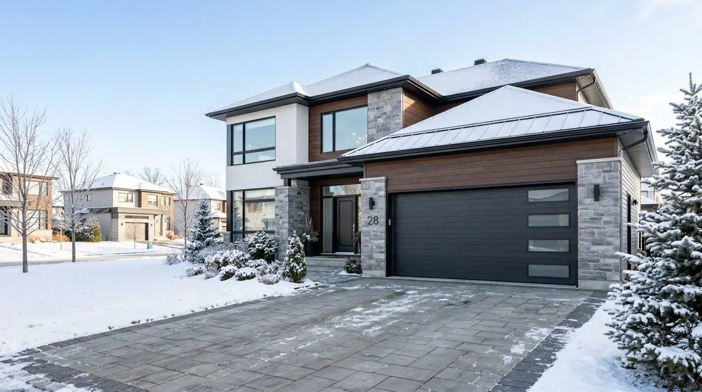 Garage double moderne d'une maison contemporaine québécoise, porte fermée, lumière naturelle d'hiver