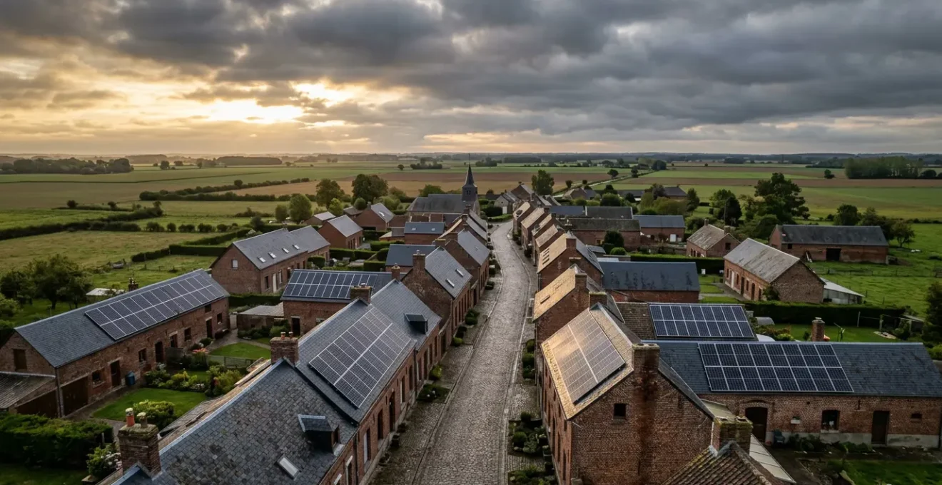 Installation de panneaux solaires sur une toiture en ardoise typique du nord de la France avec ciel nuageux