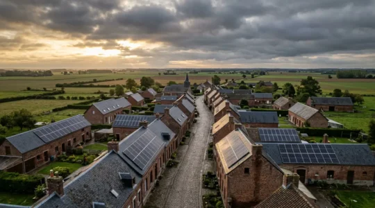 Installation de panneaux solaires sur une toiture en ardoise typique du nord de la France avec ciel nuageux