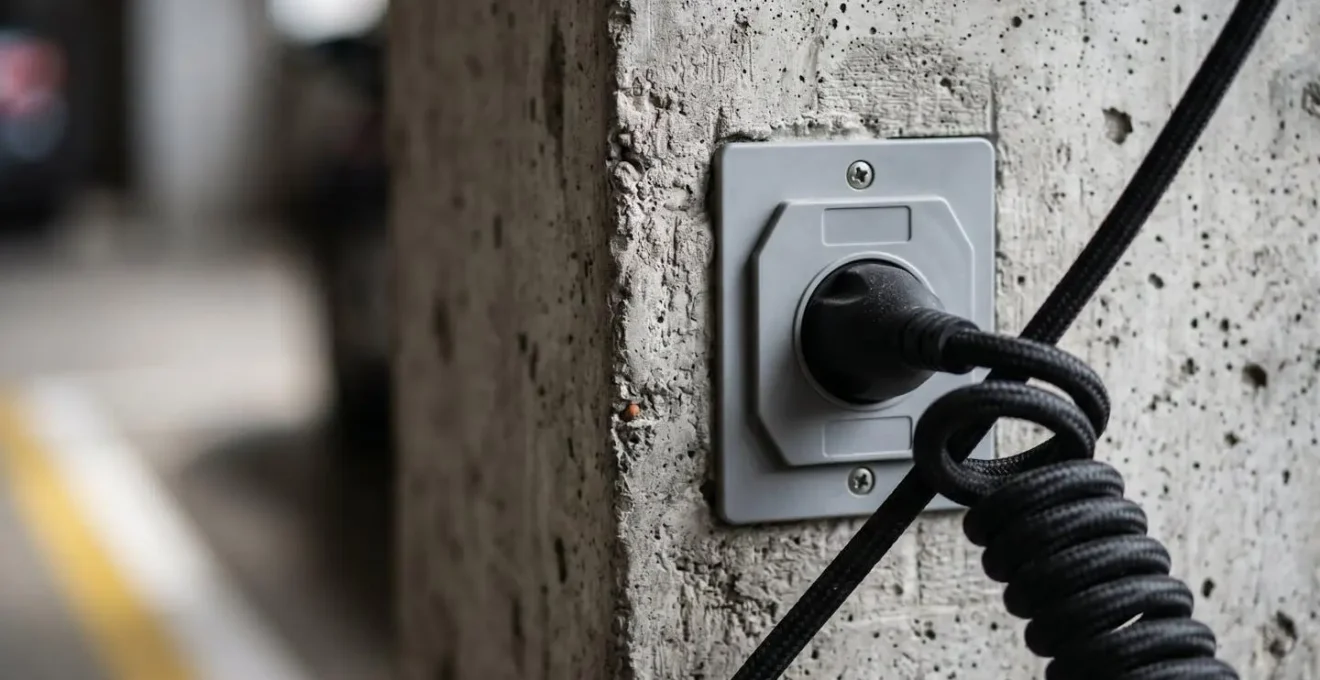 Installation d'une prise renforcée dans un garage collectif avec câble de charge