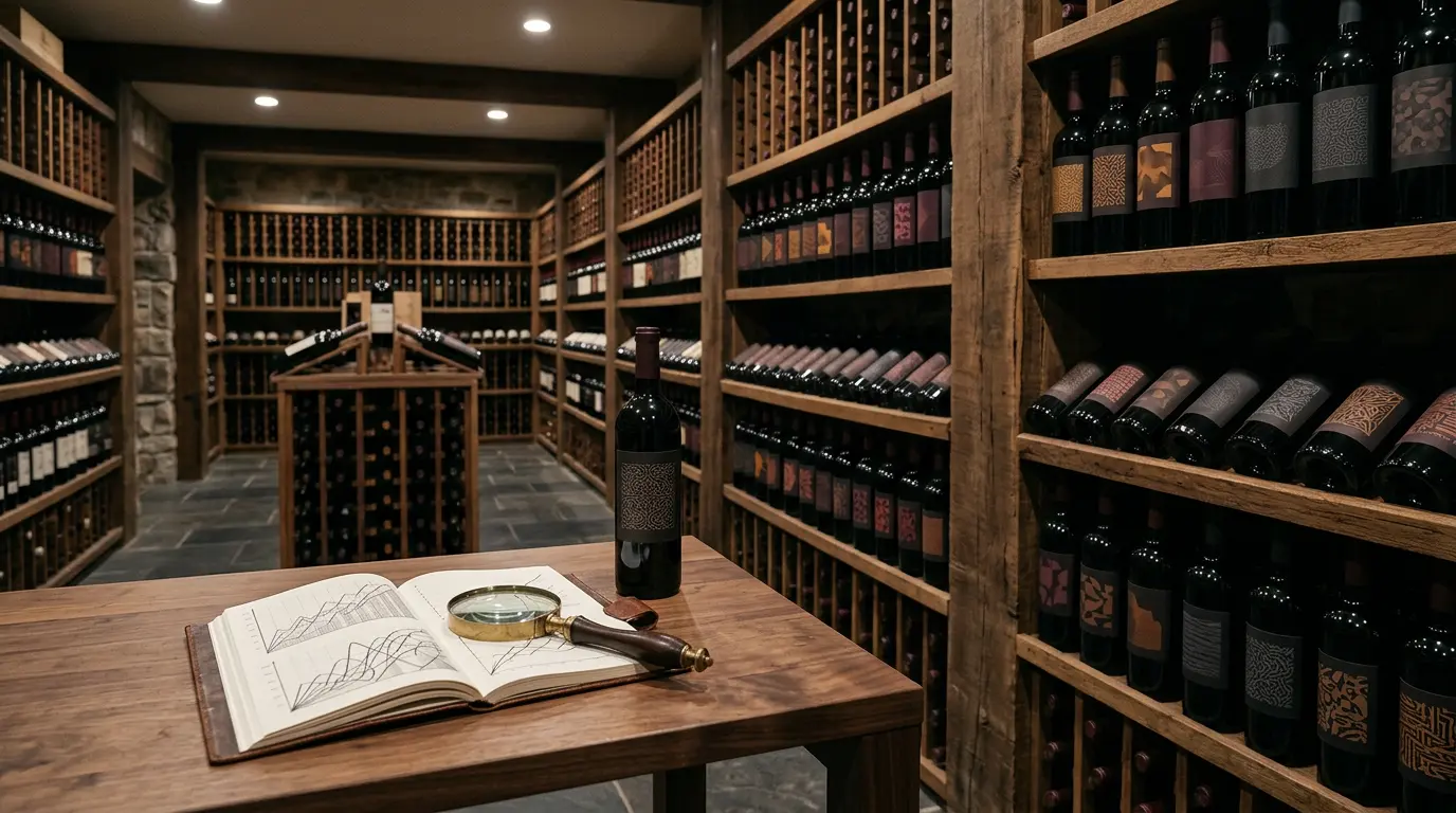 Cave a vin professionnelle avec bouteilles de grands crus et graphiques financiers symbolisant l'investissement patrimonial
