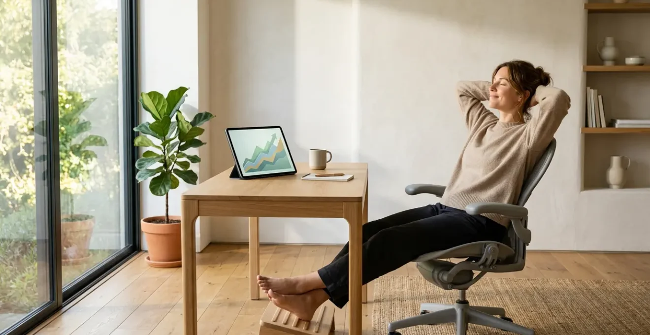 Investisseur serein consultant un tableau de performance à long terme dans un environnement calme et minimaliste