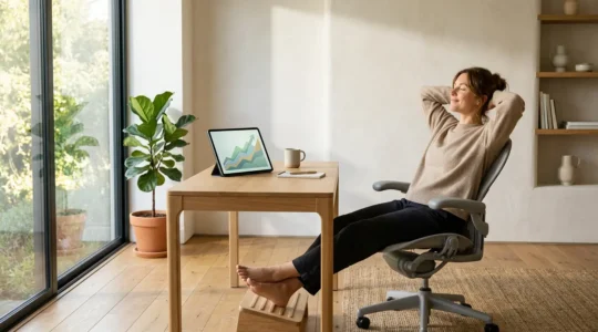 Investisseur serein consultant un tableau de performance à long terme dans un environnement calme et minimaliste