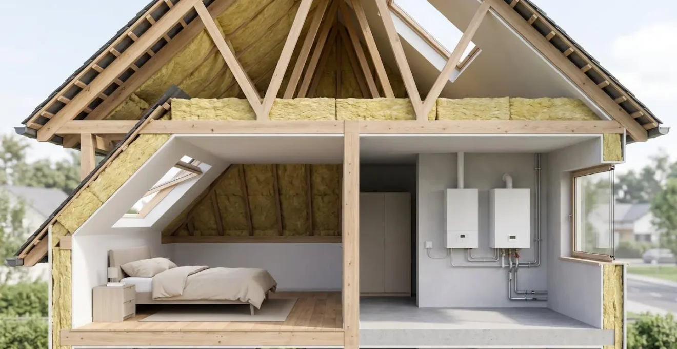 Vue en coupe d'une maison montrant l'isolation thermique et le système de chauffage