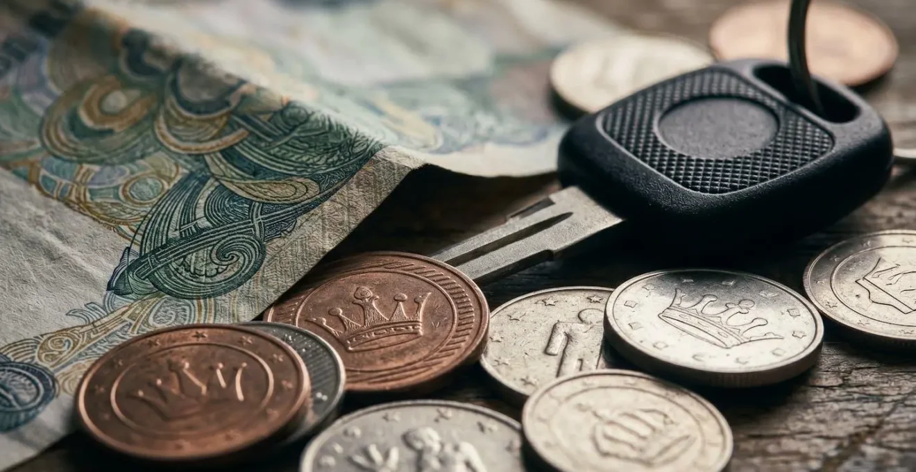 Gros plan macro sur des pièces de monnaie et billets disposés symboliquement avec une clé de voiture, profondeur de champ réduite, concept de coûts cachés