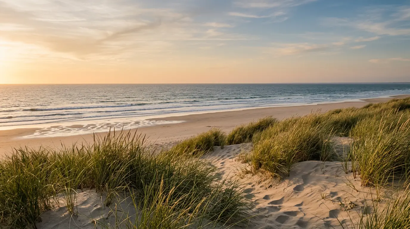 Vue panoramique d'une plage française préservée avec dunes naturelles et végétation littorale
