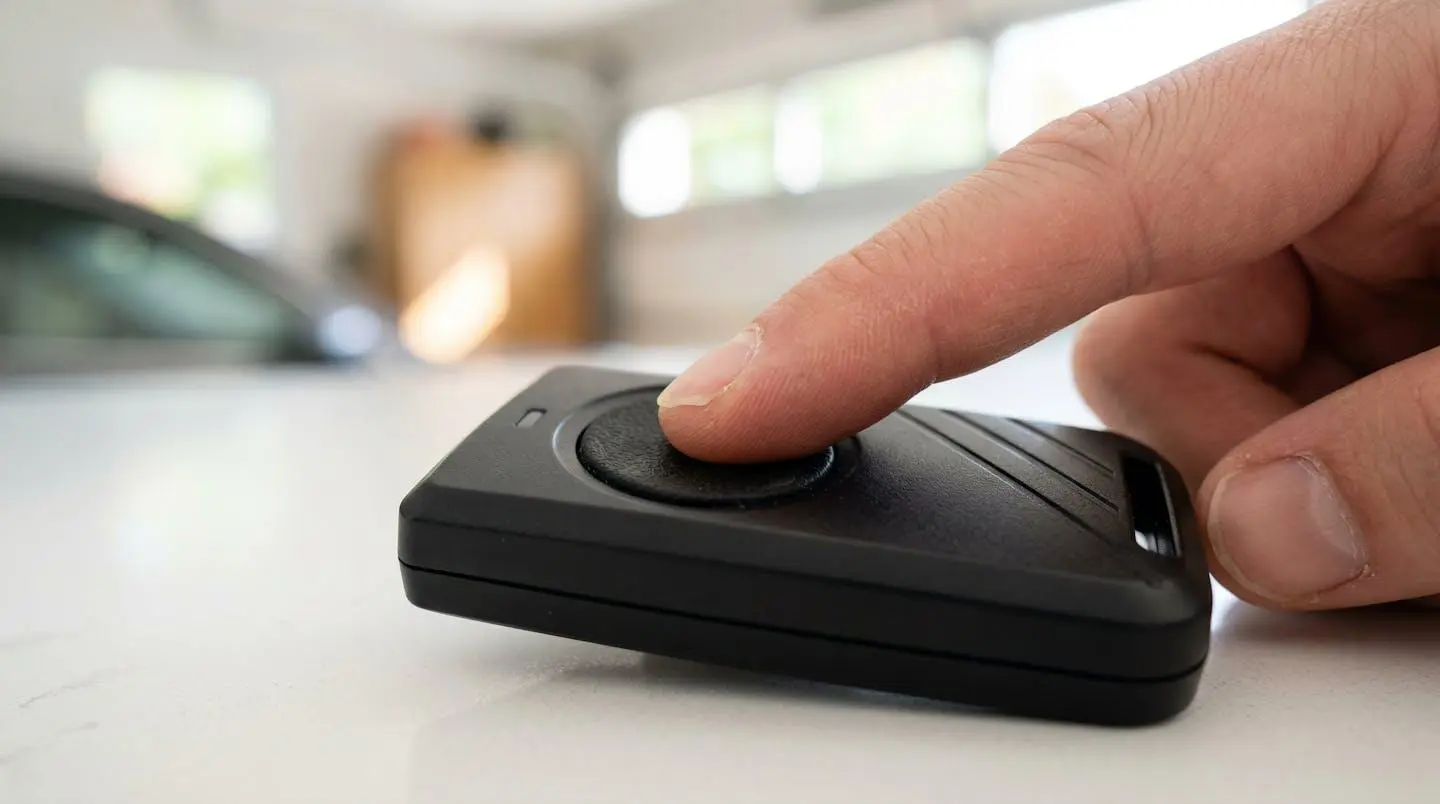 Gros plan d'un doigt appuyant sur le bouton d'une télécommande d'ouvre-porte de garage, mise au point nette sur le mécanisme