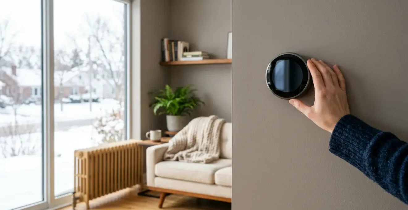 Intérieur moderne avec thermostat intelligent montrant des économies d'énergie sur fond de maison confortable en hiver