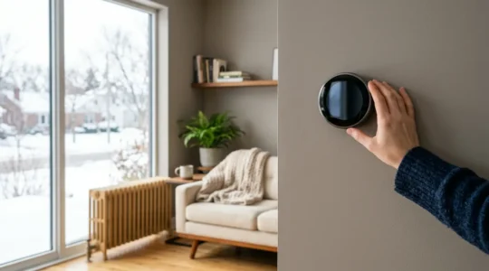 Intérieur moderne avec thermostat intelligent montrant des économies d'énergie sur fond de maison confortable en hiver