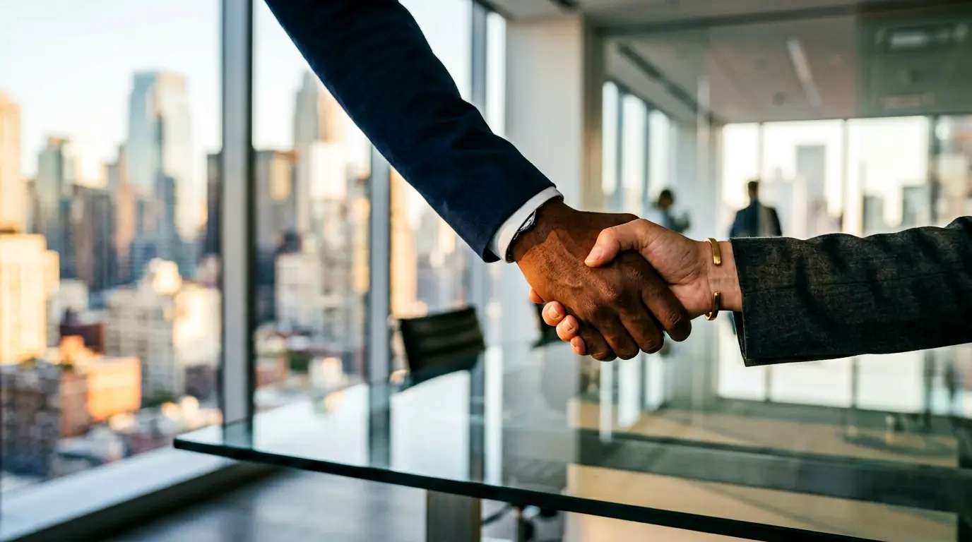 Vue en contre-plongée d'une poignée de main ferme dans un bureau moderne, symbolisant une négociation salariale réussie