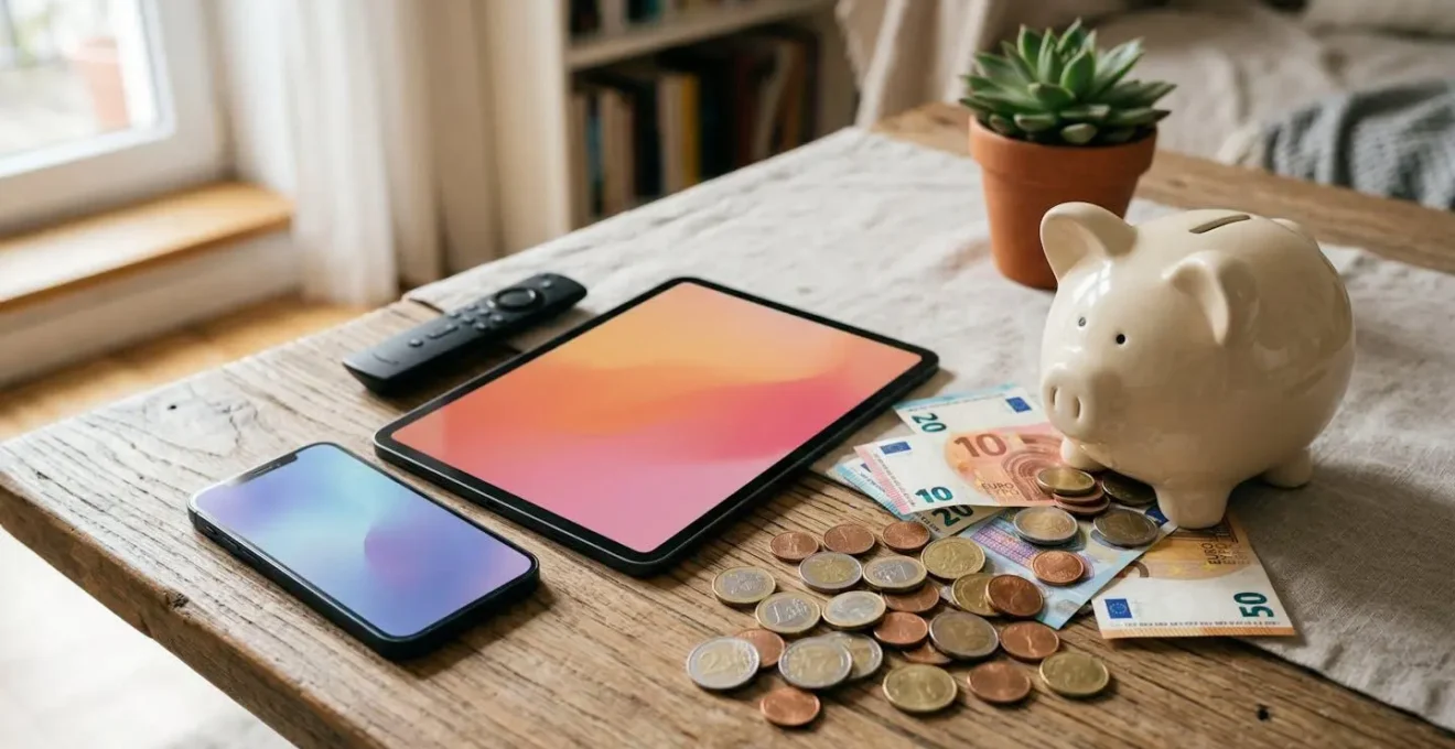 Composition photographique montrant plusieurs dispositifs de streaming (tablettes, téléphones) avec des interfaces floues et une main tenant des pièces de monnaie, symbolisant les économies réalisées