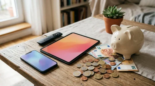 Composition photographique montrant plusieurs dispositifs de streaming (tablettes, téléphones) avec des interfaces floues et une main tenant des pièces de monnaie, symbolisant les économies réalisées