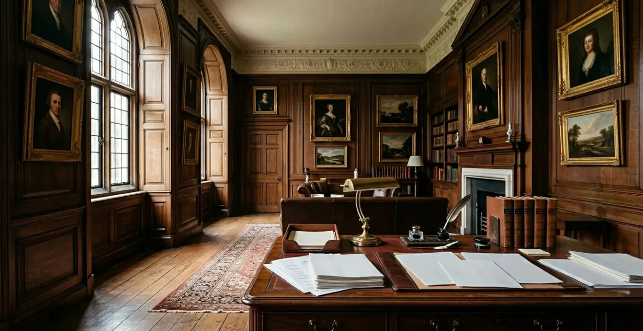 Composition artistique montrant des tableaux de maîtres, documents juridiques et calculs fiscaux dans un bureau de conseil patrimonial