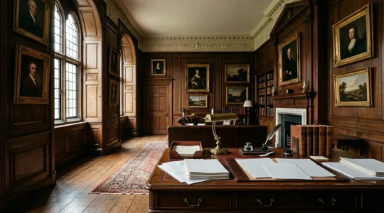 Composition artistique montrant des tableaux de maîtres, documents juridiques et calculs fiscaux dans un bureau de conseil patrimonial