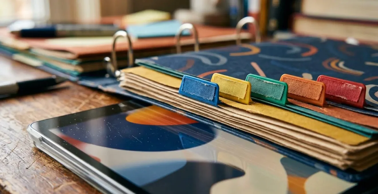 Espace de travail organisé avec dossiers colorés et tablette montrant un système de classement