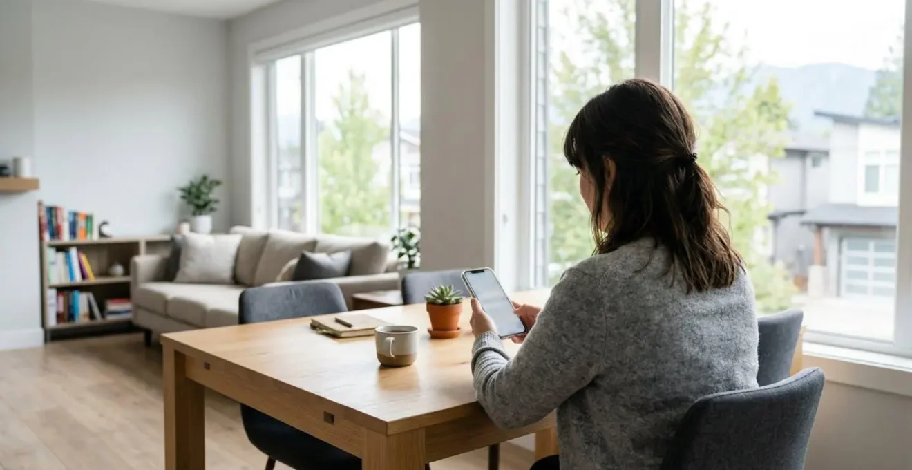 Vue de dos d'une personne consultant son smartphone dans un intérieur de maison moderne avec lumière naturelle de fenêtre