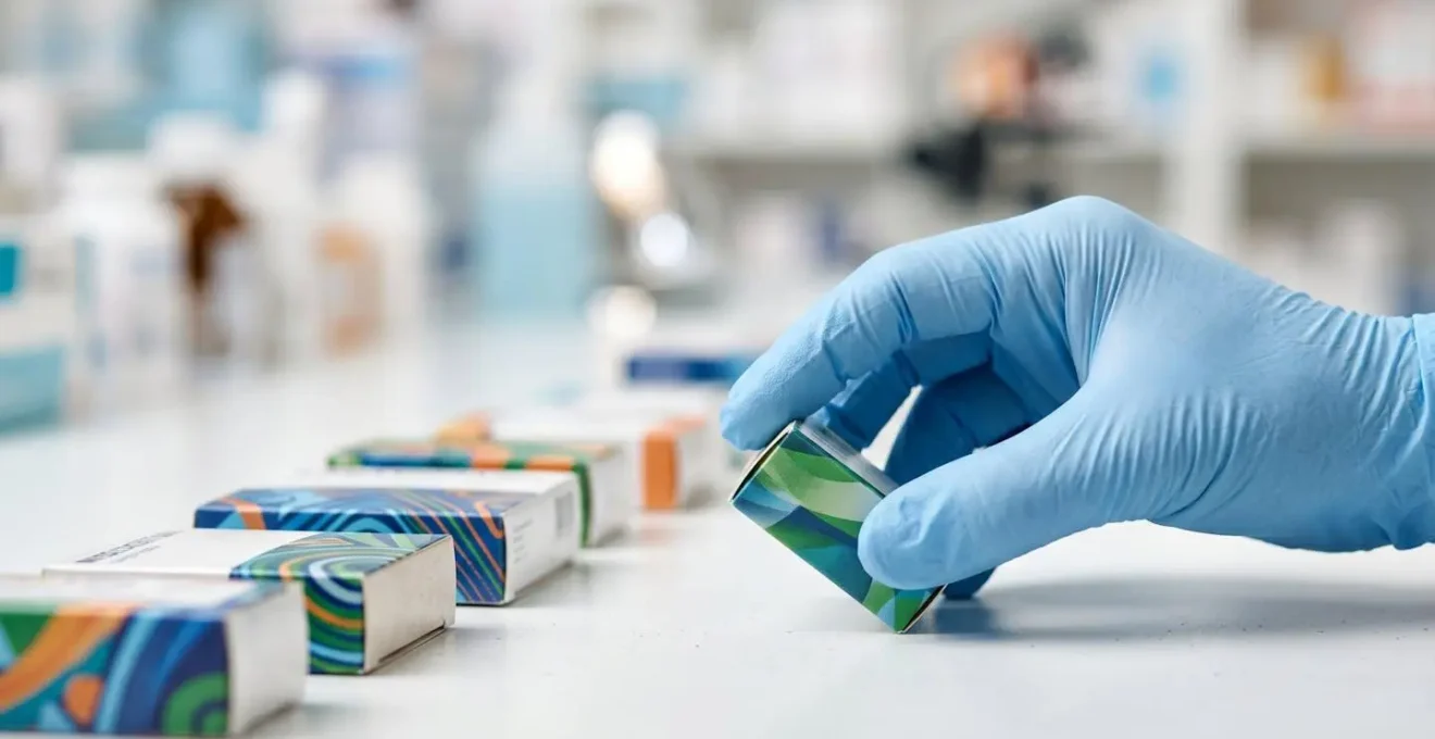 Gros plan sur les mains d'un pharmacien manipulant des médicaments avec précision dans une officine moderne