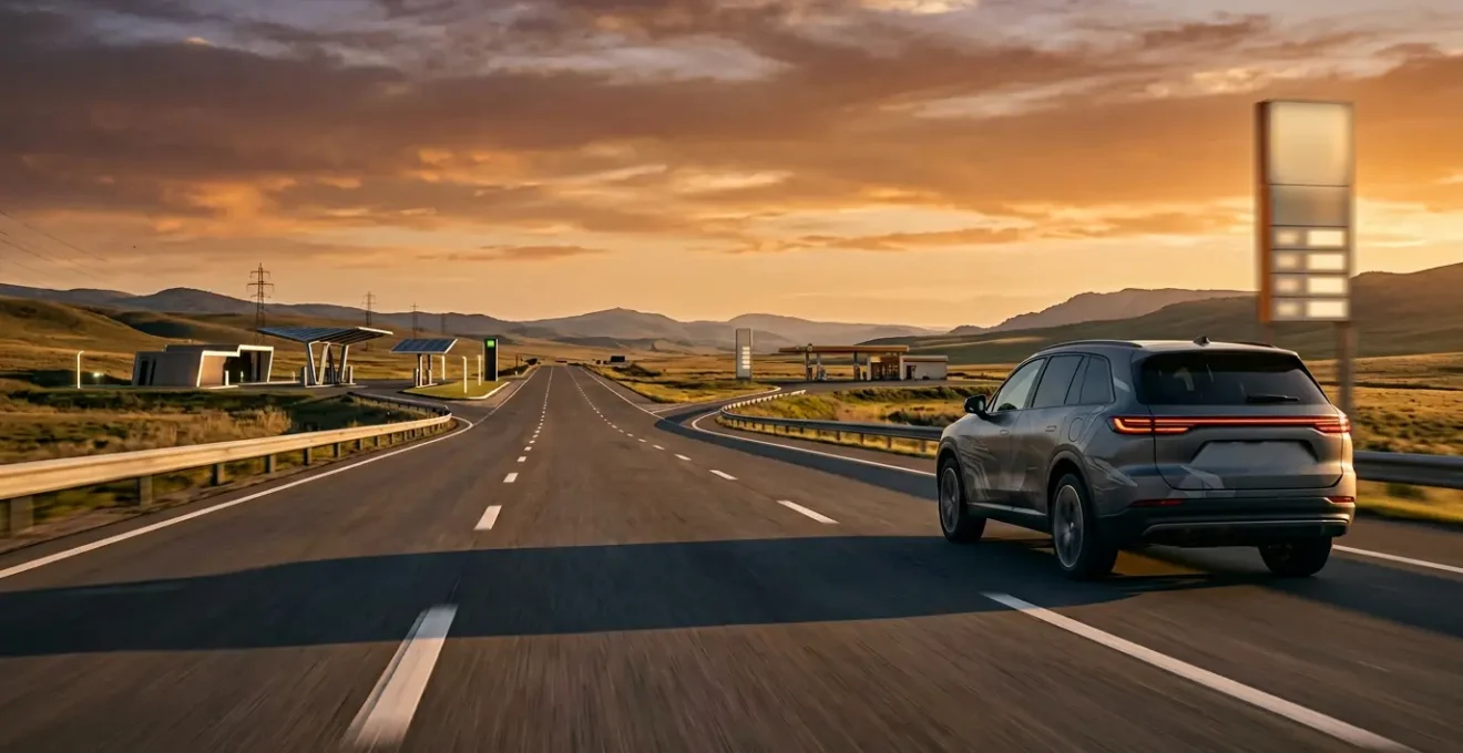 Hybride rechargeable sur autoroute avec jauge batterie vide et pompe essence en arrière-plan