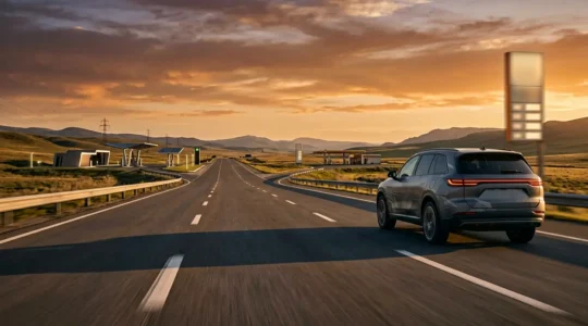 Hybride rechargeable sur autoroute avec jauge batterie vide et pompe essence en arrière-plan