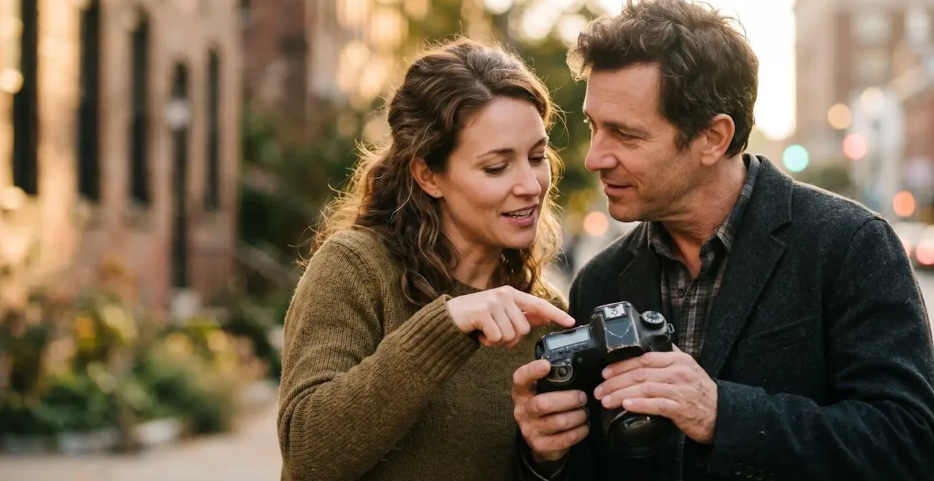 Photographe montrant ses images sur l'écran arrière de son appareil à une personne, moment d'échange et de validation