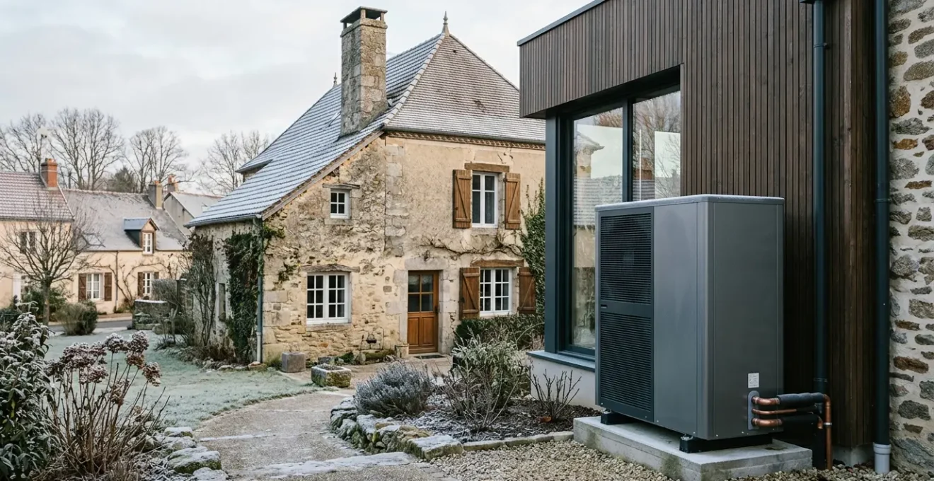 Installation d'une pompe à chaleur moderne dans une maison rénovée remplaçant une ancienne chaudière fioul