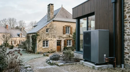Installation d'une pompe à chaleur moderne dans une maison rénovée remplaçant une ancienne chaudière fioul