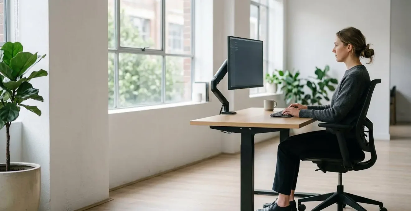 Poste de travail ergonomique avec personne adoptant une posture correcte devant un écran d'ordinateur