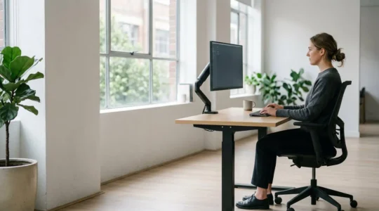 Poste de travail ergonomique avec personne adoptant une posture correcte devant un écran d'ordinateur