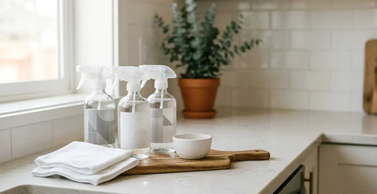 Produits de nettoyage écologiques et virucides disposés sur un plan de travail de cuisine familiale