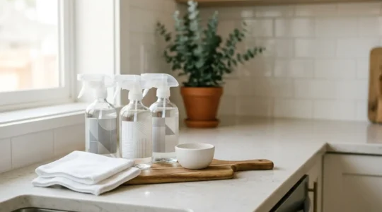 Produits de nettoyage écologiques et virucides disposés sur un plan de travail de cuisine familiale