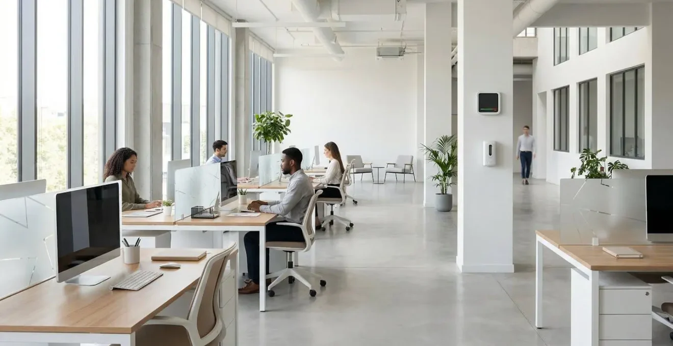 Espace de travail moderne d'une PME avec des postes espacés et des fenêtres ouvertes pour la ventilation naturelle