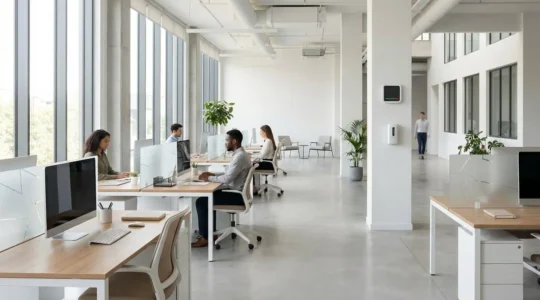 Espace de travail moderne d'une PME avec des postes espacés et des fenêtres ouvertes pour la ventilation naturelle