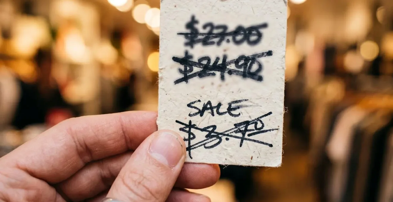 Gros plan sur une main tenant une étiquette de prix avec reflet flou d'un miroir de magasin