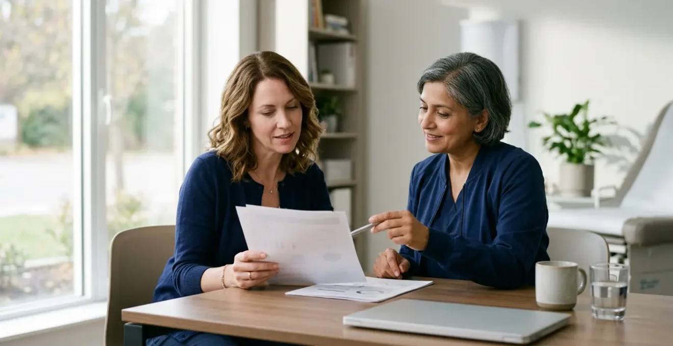 Une patiente consulte un document médical avec un médecin dans un cabinet lumineux et moderne