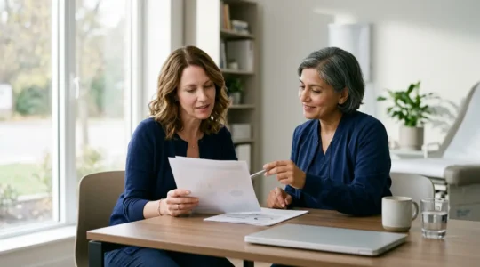 Une patiente consulte un document médical avec un médecin dans un cabinet lumineux et moderne