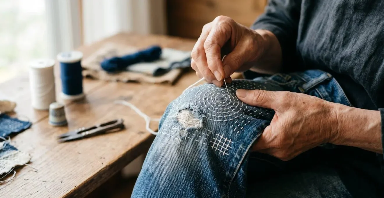 Jean avec réparation décorative visible en technique sashiko japonaise