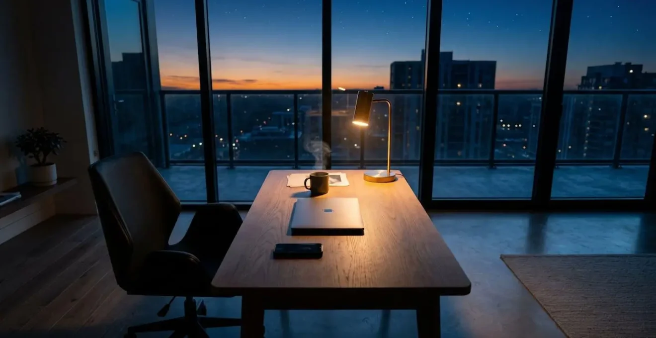 Environnement de travail minimaliste au crépuscule illustrant la transition difficile entre vie professionnelle et repos